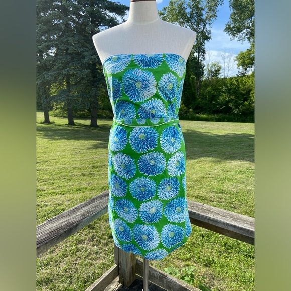 T.S. Dixin Strapless Floral Print Green + Blue Mini Dress Formal Summer - Picture 1 of 7
